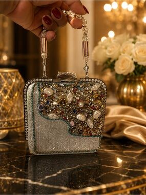 Bejeweled Silver Evening Clutch with Pearl & Crystal Detail